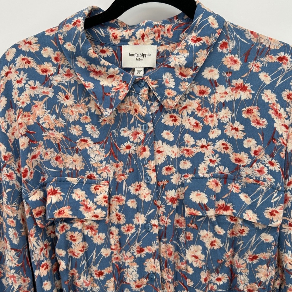 Haute Hippie Tribe Blue Floral Long Sleeve Button Midi Shirt Dress XL Boho Indie - Picture 4 of 8